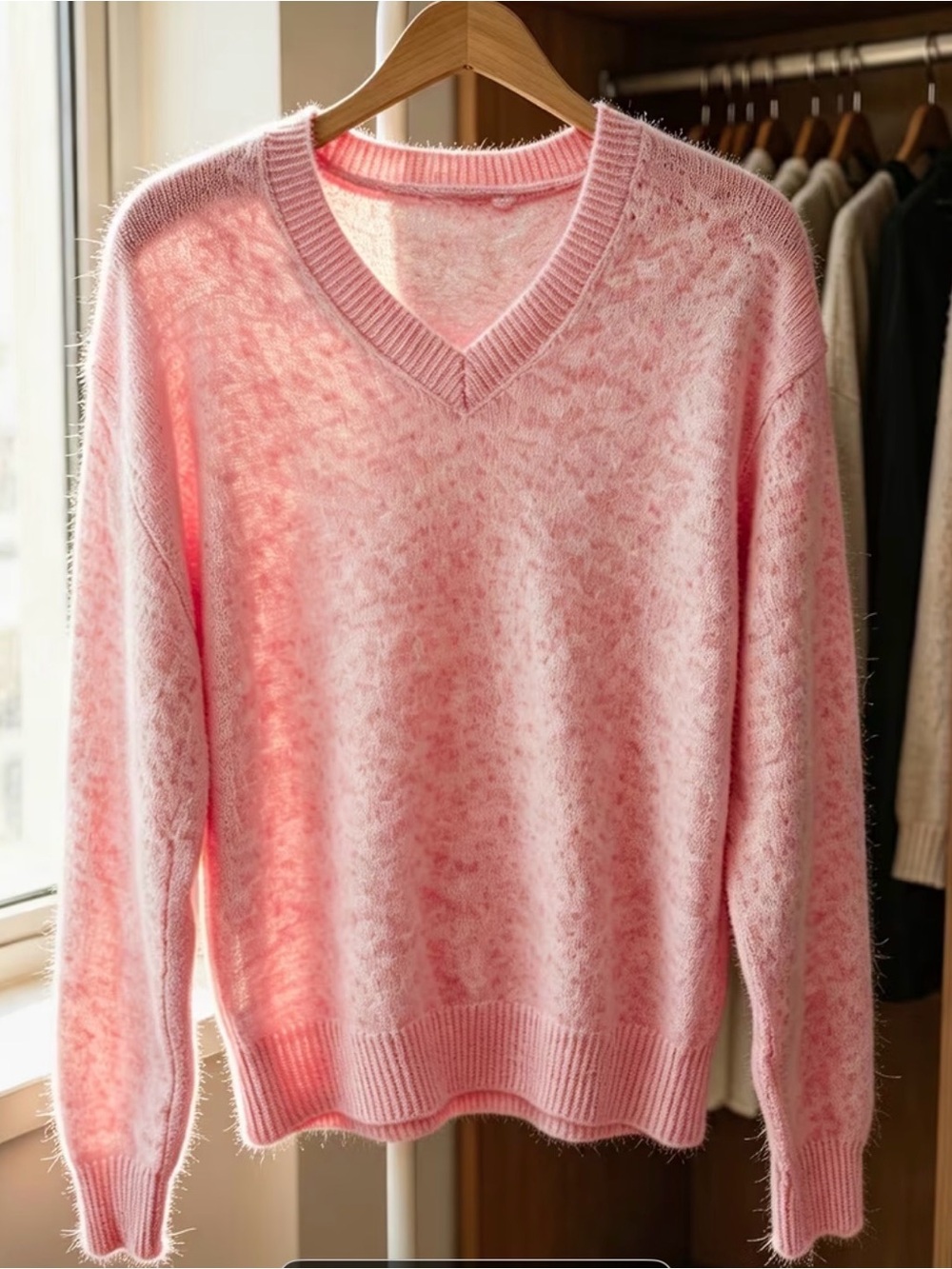 New V Neck Sweater Pink Cream Melange Lg-XL